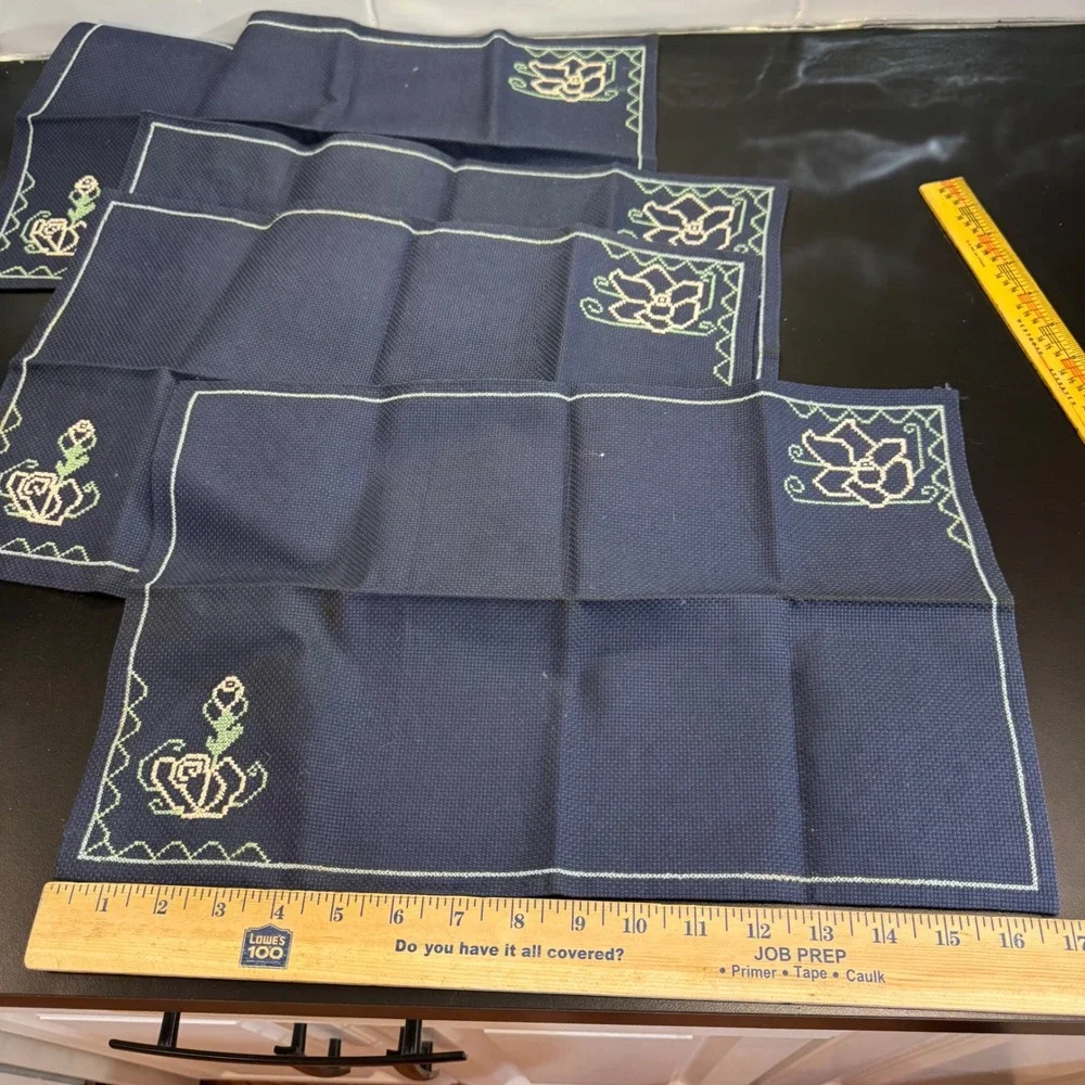 Vintage Placemats Set of 4 Navy Blue Rose Cross Stitch Floral Cottagecore 16x11
